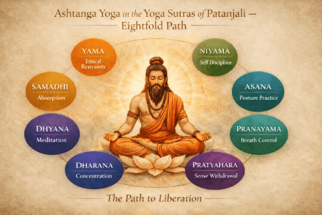 The Yoga Sutras place pratyahara — withdrawal of the senses — before concentration and meditation.